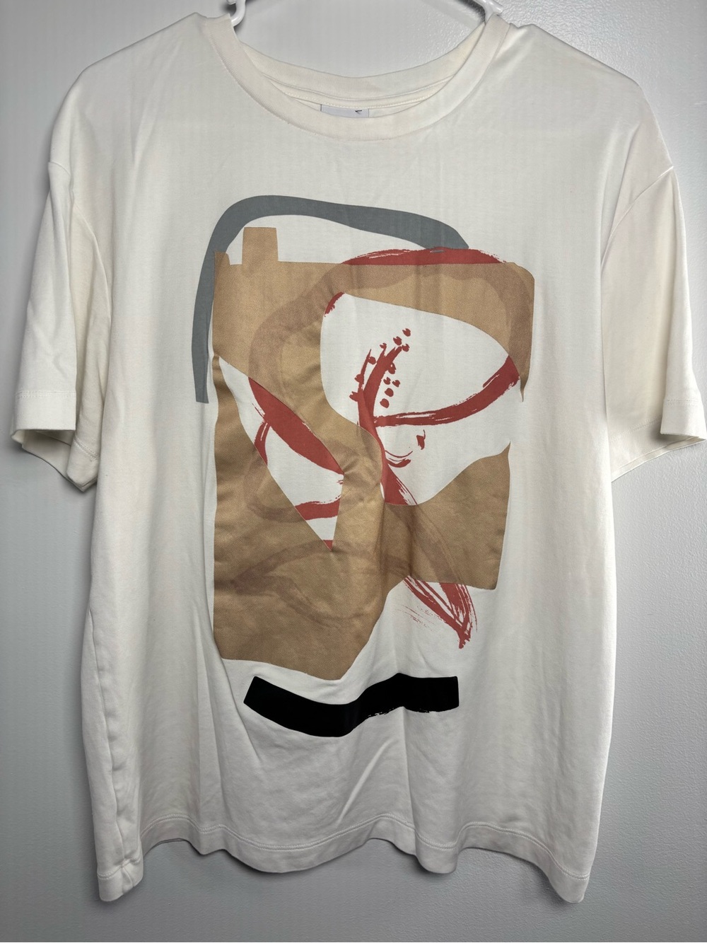 Zara Cream Short-Sleeve Tee with Tan, Red and Black Abstract Print